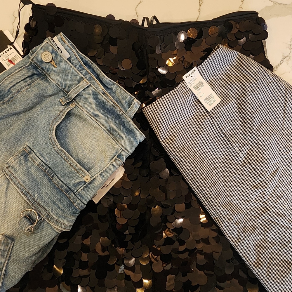 Lot of 3 Assorted *NWT Skirts Size Large - 1 Sequence / 1 Jean / 1 Plaid